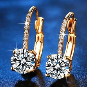 Yellow Gold Clear Brilliant AAA Zircon Clip Earrings